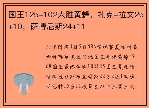国王125-102大胜黄蜂，扎克-拉文25+10，萨博尼斯24+11