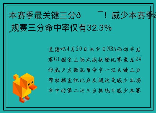 本赛季最关键三分🎯！威少本赛季常规赛三分命中率仅有32.3%